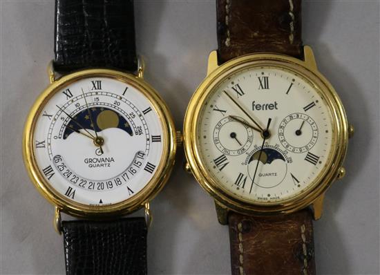 Two gentlemans calendar moonphase quartz wrist watches, Ferrett & Grovana.